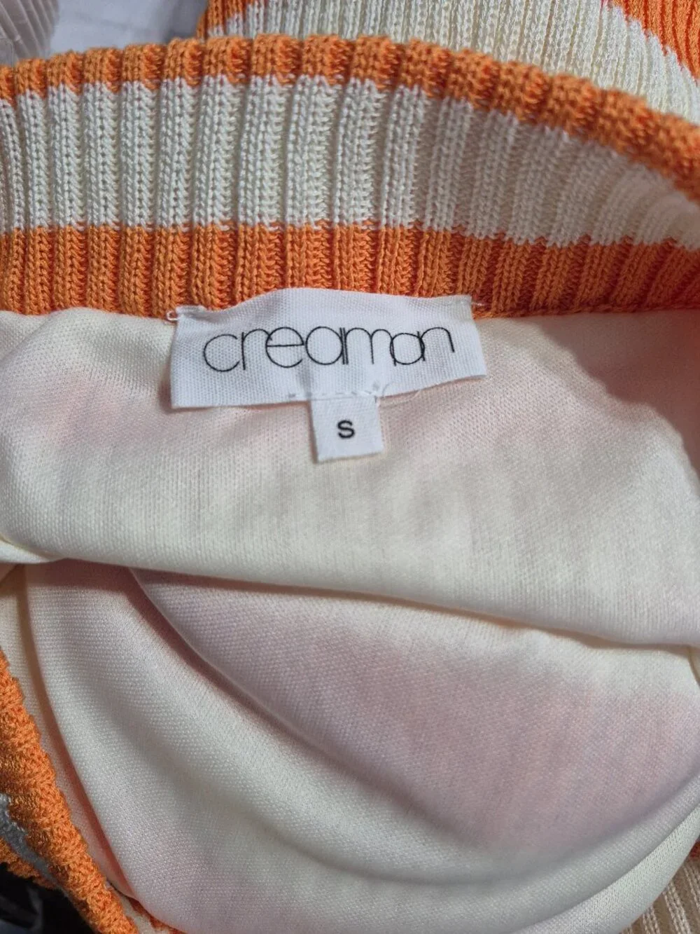 Women's Sweater and Skirt SET, Creamon. Small. orange/cream stripe.